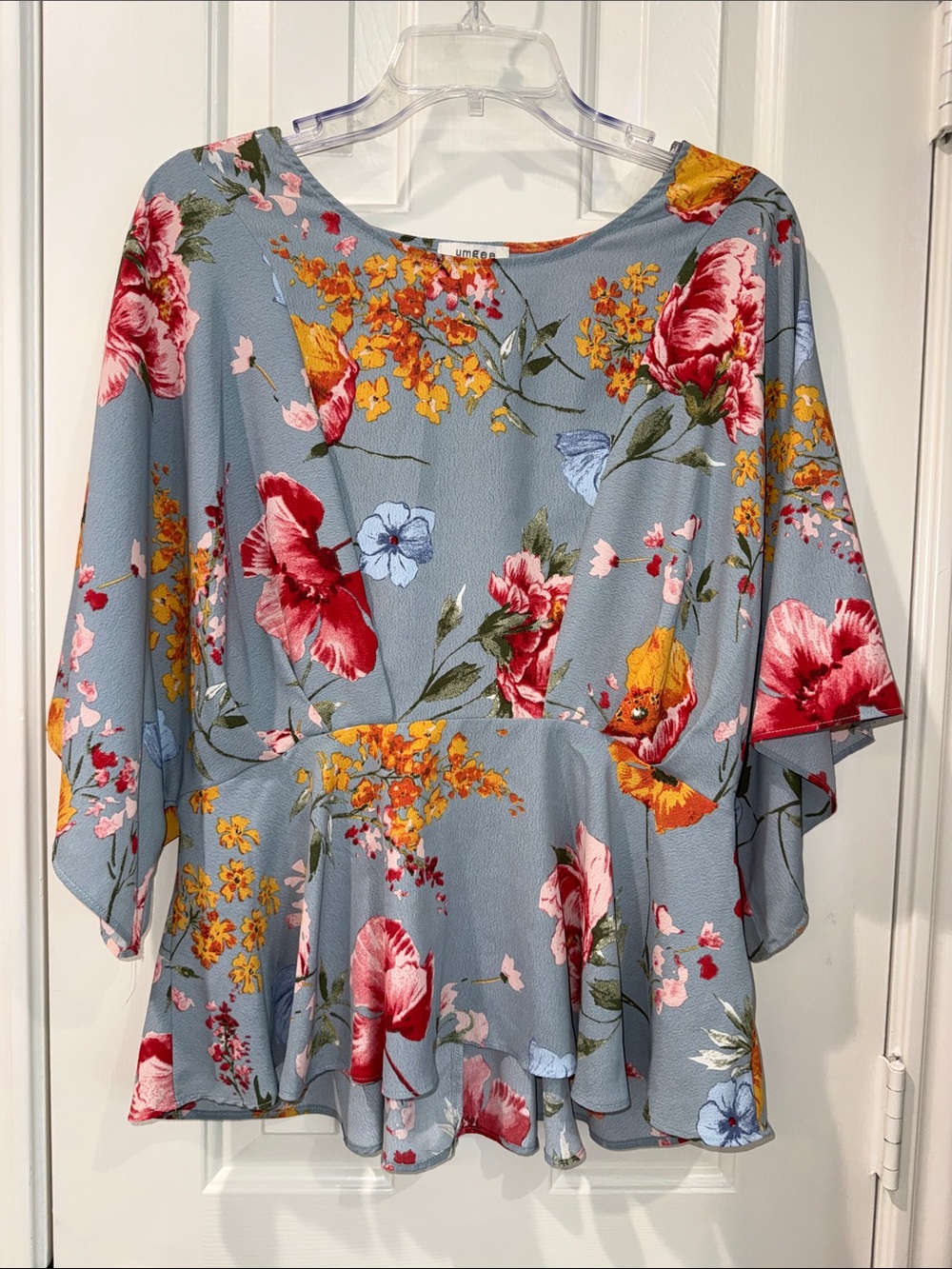 Umgee Dusty Blue Floral Peplum Blouse